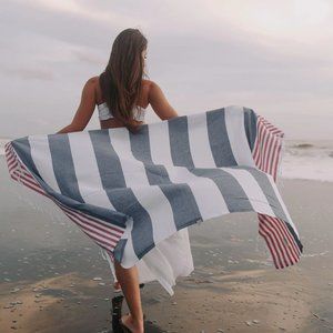 4 Red White Blue Striped Beach Bath Towels - 100% Turkish Cotton